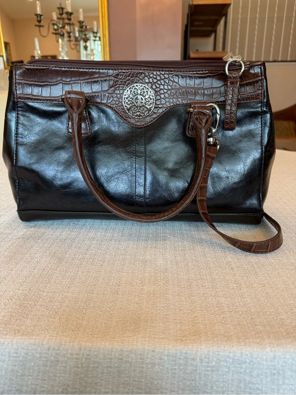 Giani Bernini Black and Brown Croc-Trim Leather Satchel